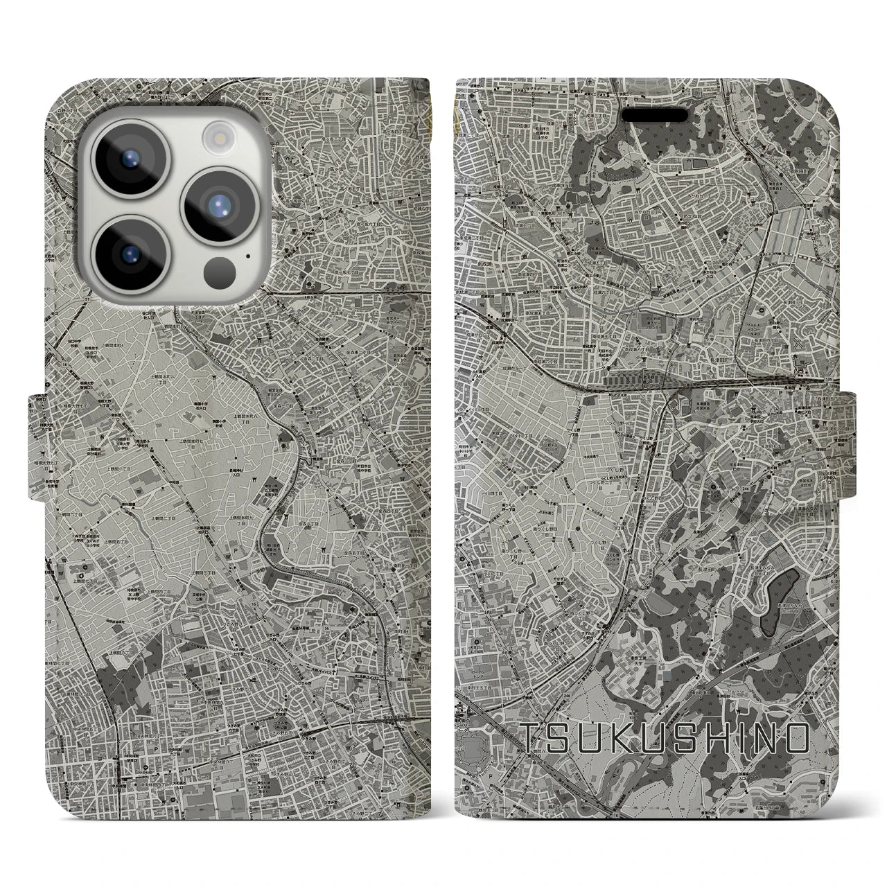 【つくし野(東京都)】地図柄iPhoneケース(手帳タイプ)モノトーン・iPhone 15 Pro 用