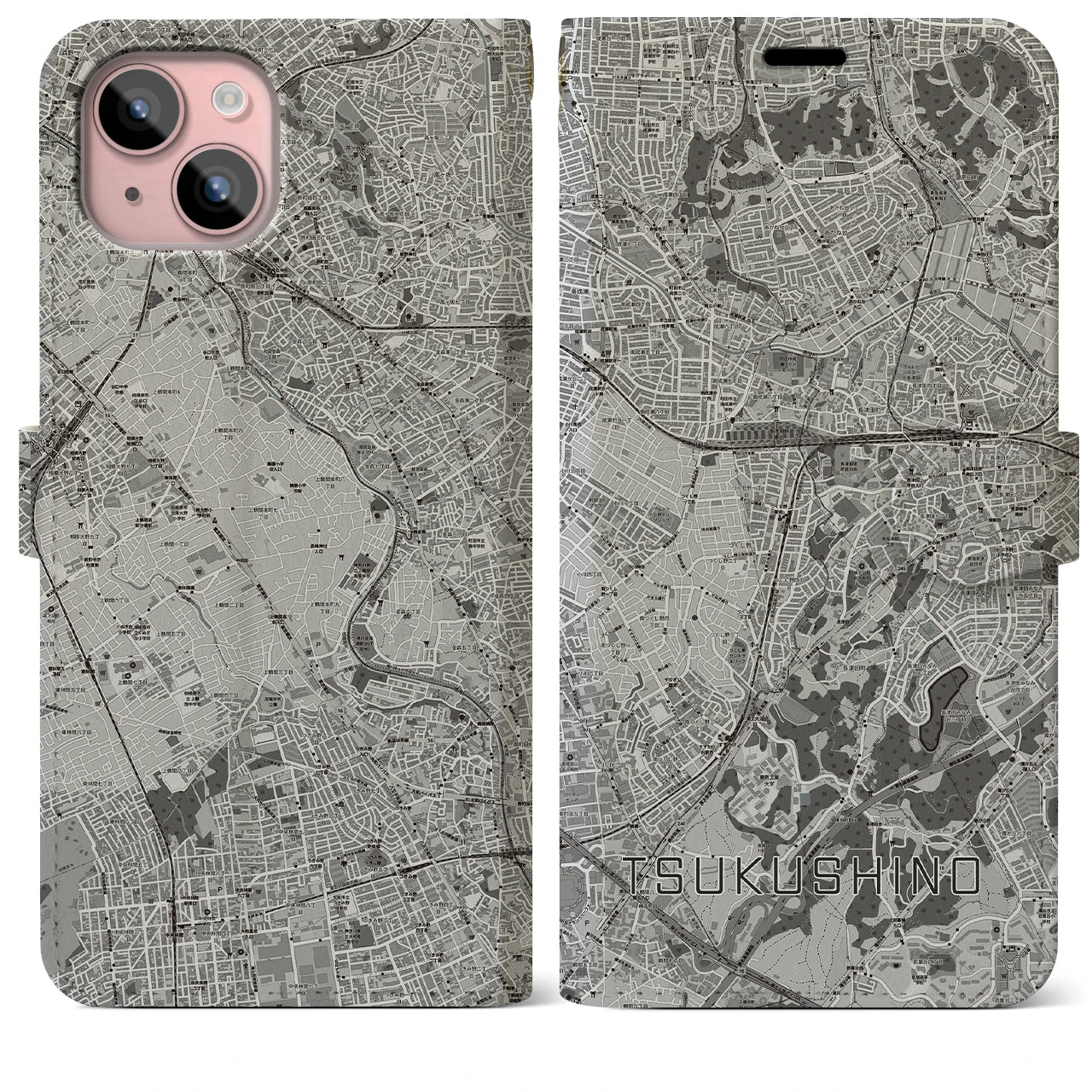 【つくし野(東京都)】地図柄iPhoneケース(手帳タイプ)モノトーン・iPhone 15 Plus 用