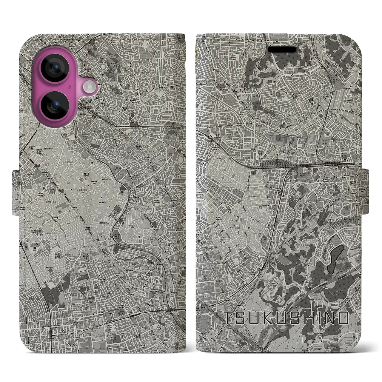 【つくし野(東京都)】地図柄iPhoneケース(手帳タイプ)モノトーン・iPhone 16 Pro 用
