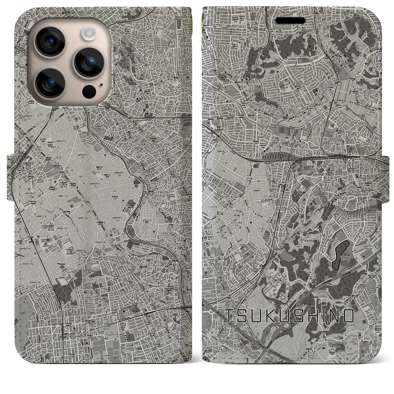 【つくし野(東京都)】地図柄iPhoneケース(手帳タイプ)モノトーン・iPhone 16 Plus 用