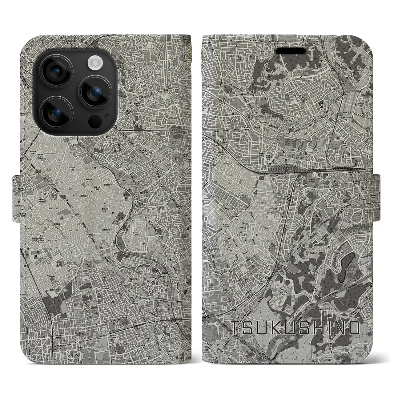 【つくし野(東京都)】地図柄iPhoneケース(手帳タイプ)モノトーン・iPhone 16 用