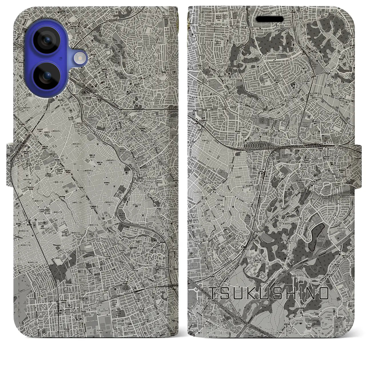 【つくし野(東京都)】地図柄iPhoneケース(手帳タイプ)モノトーン・iPhone 16 Pro Max 用