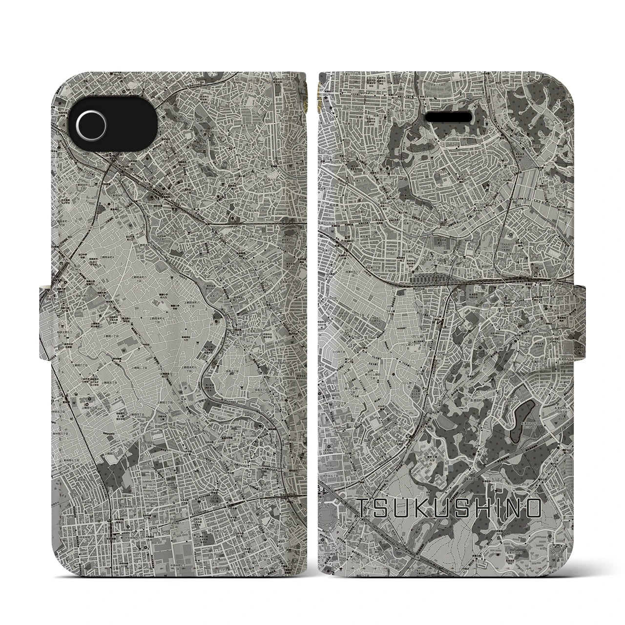 【つくし野(東京都)】地図柄iPhoneケース(手帳タイプ)モノトーン・iPhone SE(第3 / 第2世代) / 8 / 7 / 6s / 6 用