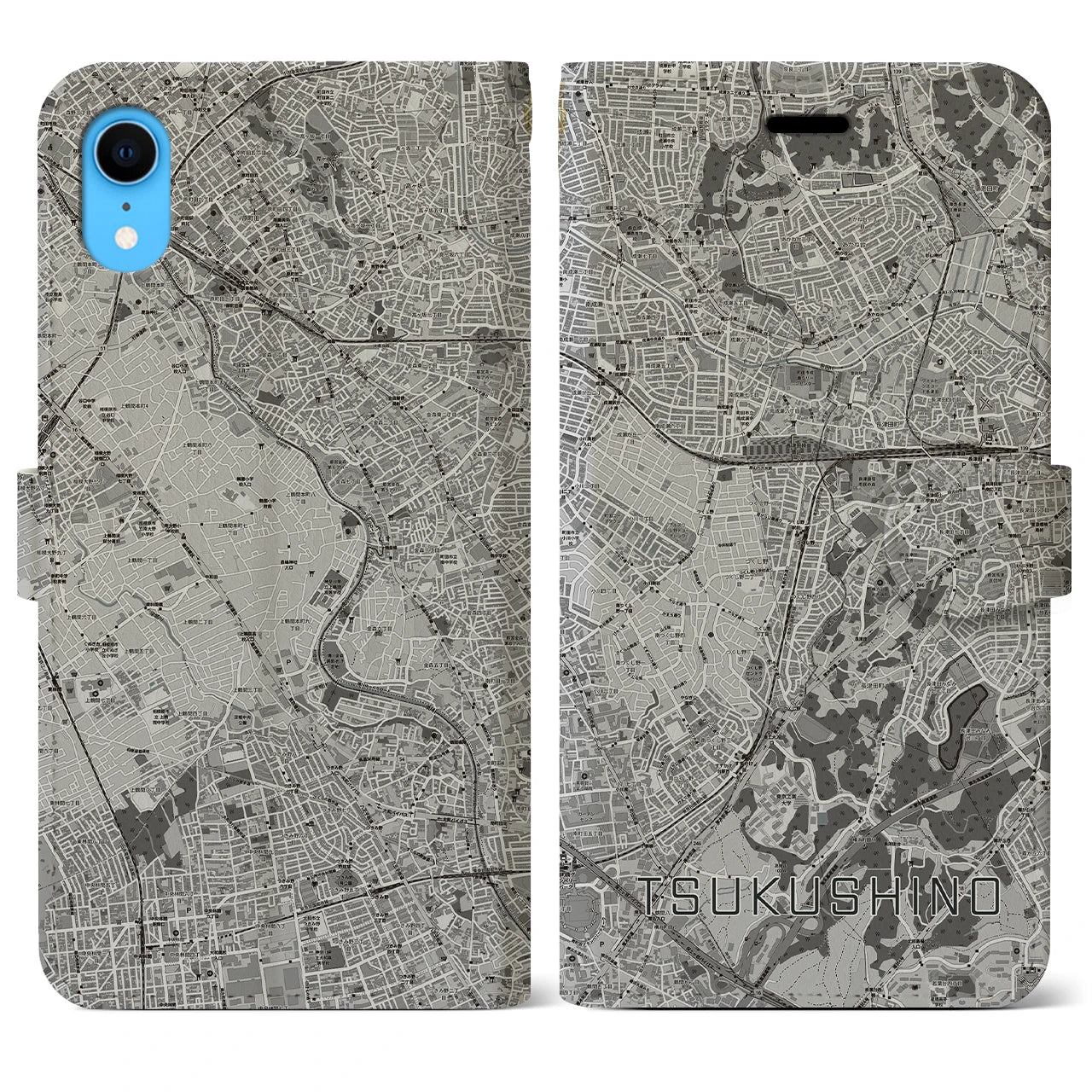 【つくし野(東京都)】地図柄iPhoneケース(手帳タイプ)モノトーン・iPhone XR 用