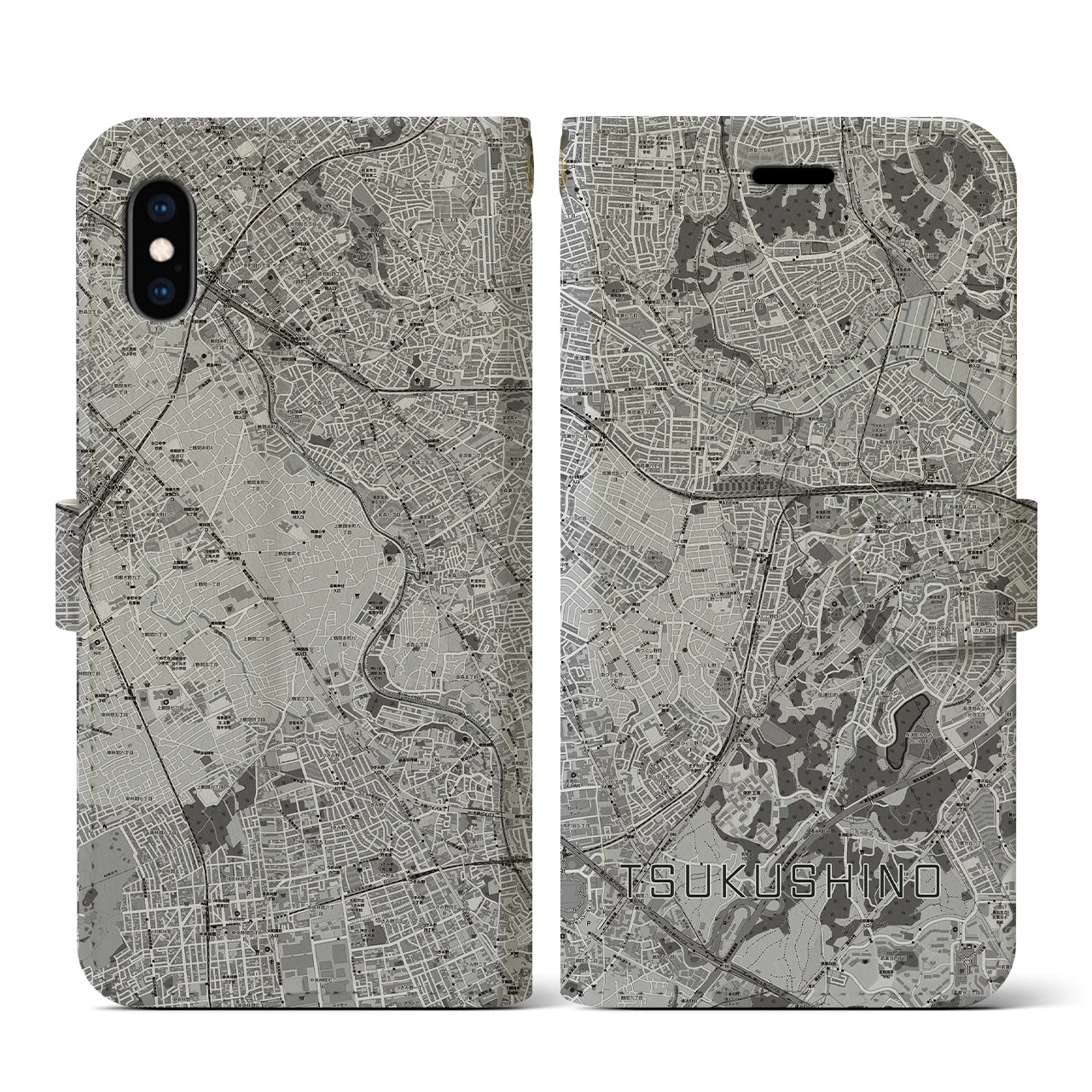 【つくし野(東京都)】地図柄iPhoneケース(手帳タイプ)モノトーン・iPhone XS / X 用