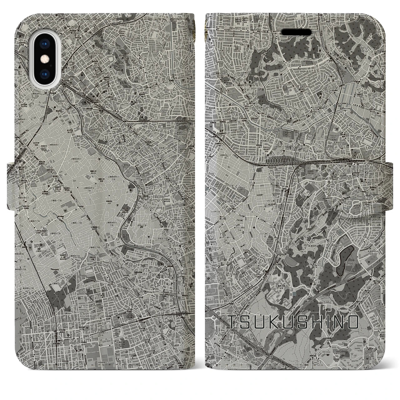 【つくし野(東京都)】地図柄iPhoneケース(手帳タイプ)モノトーン・iPhone XS Max 用