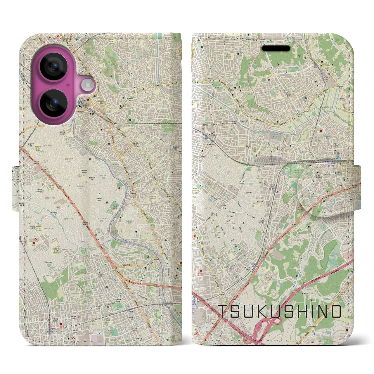 【つくし野(東京都)】地図柄iPhoneケース(手帳タイプ)ナチュラル・iPhone 16 Pro 用