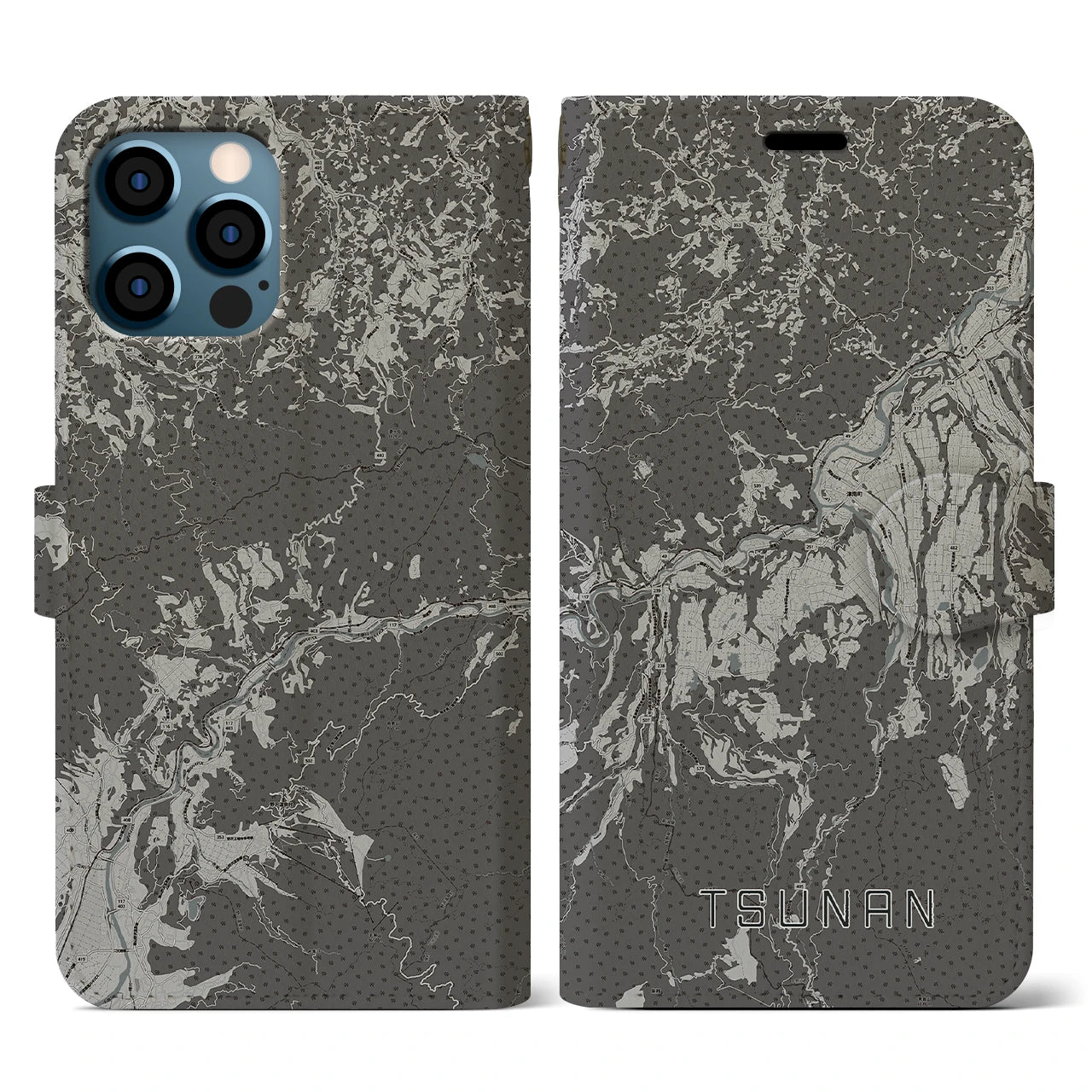 【津南(新潟県)】地図柄iPhoneケース(手帳タイプ)モノトーン・iPhone 12 / 12 Pro 用