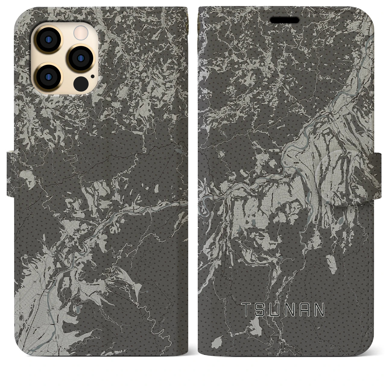 【津南(新潟県)】地図柄iPhoneケース(手帳タイプ)モノトーン・iPhone 12 Pro Max 用