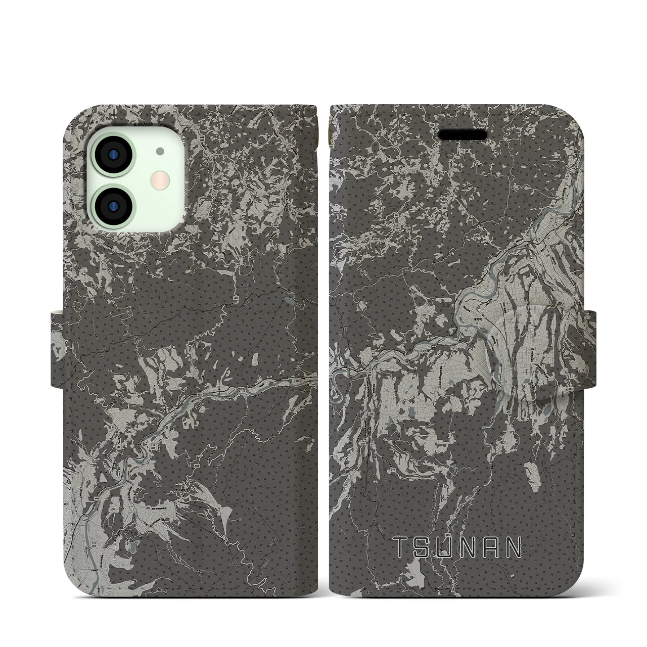 【津南(新潟県)】地図柄iPhoneケース(手帳タイプ)モノトーン・iPhone 12 mini 用