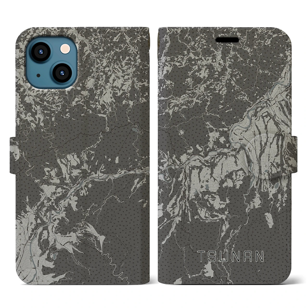 【津南(新潟県)】地図柄iPhoneケース(手帳タイプ)モノトーン・iPhone 13 用