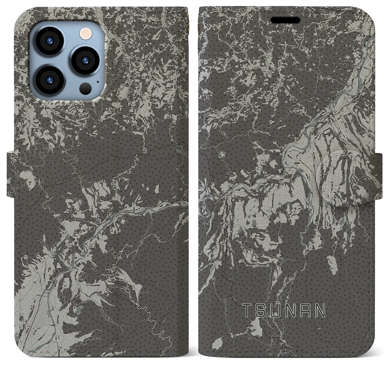 【津南(新潟県)】地図柄iPhoneケース(手帳タイプ)モノトーン・iPhone 13 Pro Max 用