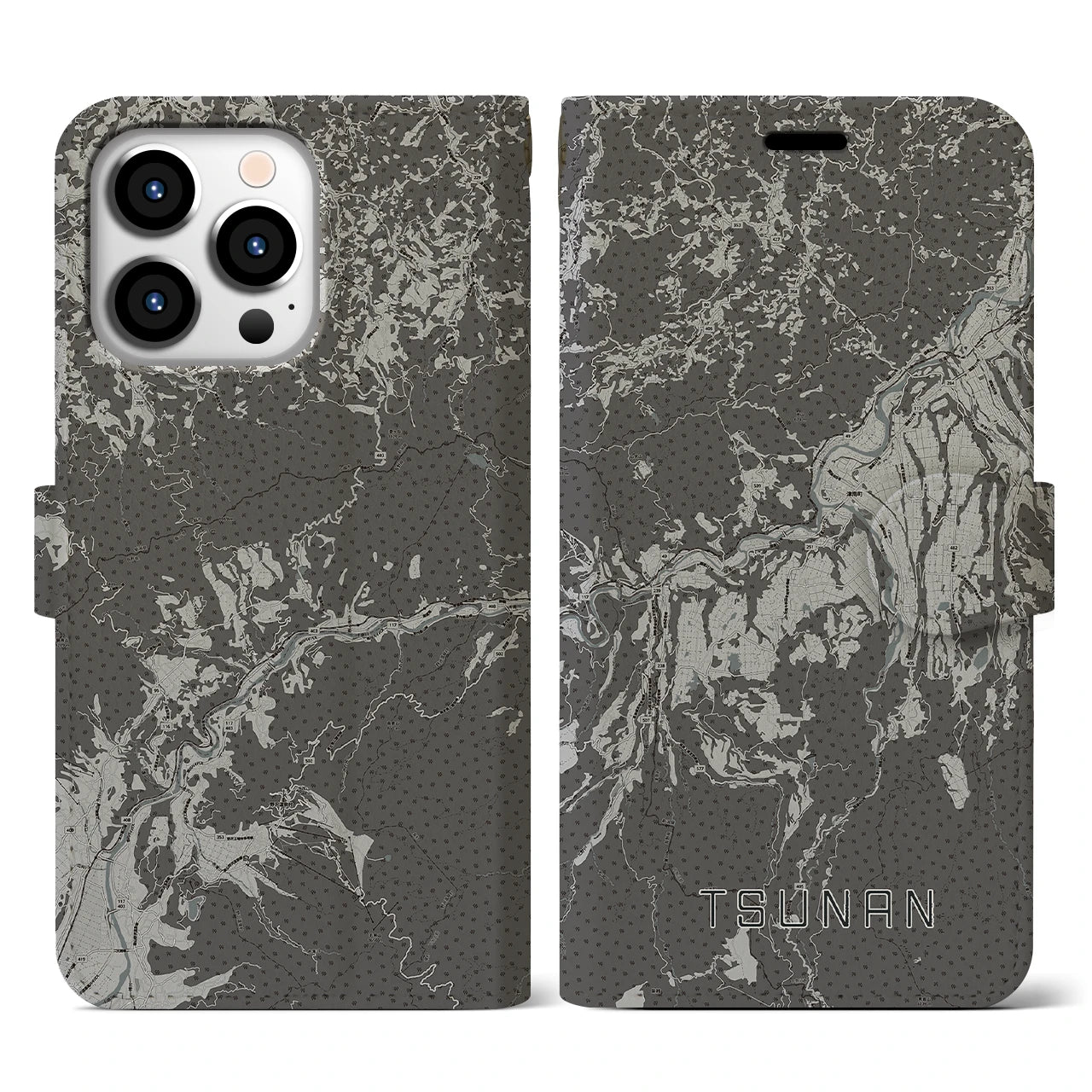 【津南(新潟県)】地図柄iPhoneケース(手帳タイプ)モノトーン・iPhone 13 Pro 用