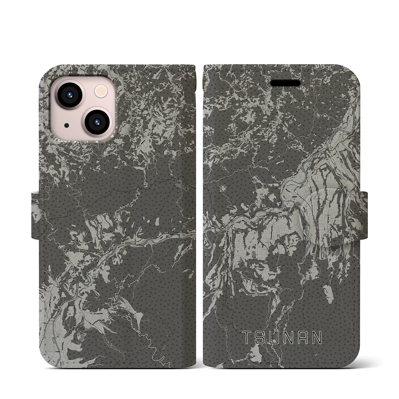 【津南(新潟県)】地図柄iPhoneケース(手帳タイプ)モノトーン・iPhone 13 mini 用