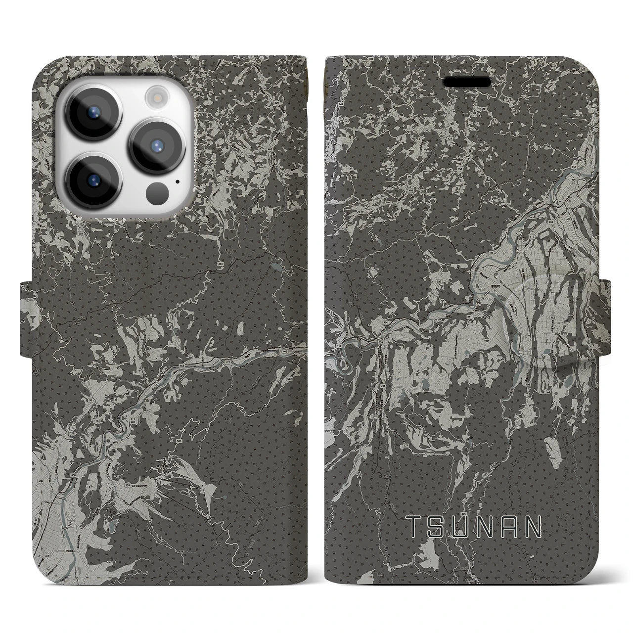 【津南(新潟県)】地図柄iPhoneケース(手帳タイプ)モノトーン・iPhone 14 Pro 用