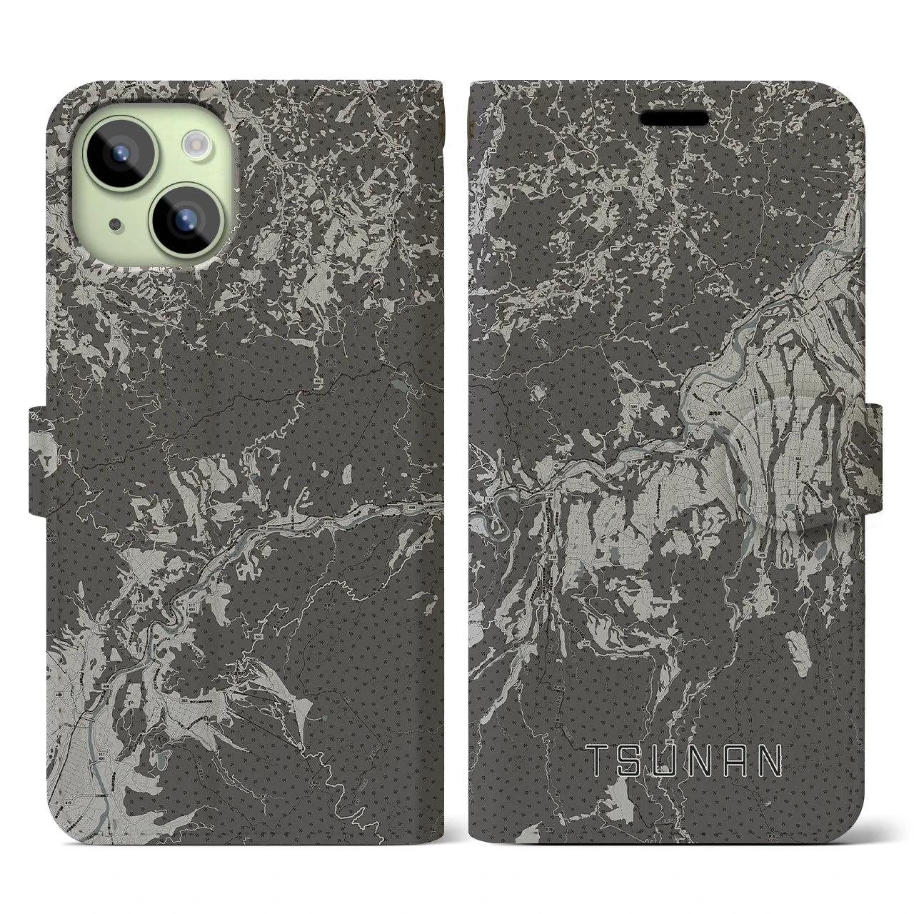 【津南(新潟県)】地図柄iPhoneケース(手帳タイプ)モノトーン・iPhone 15 用