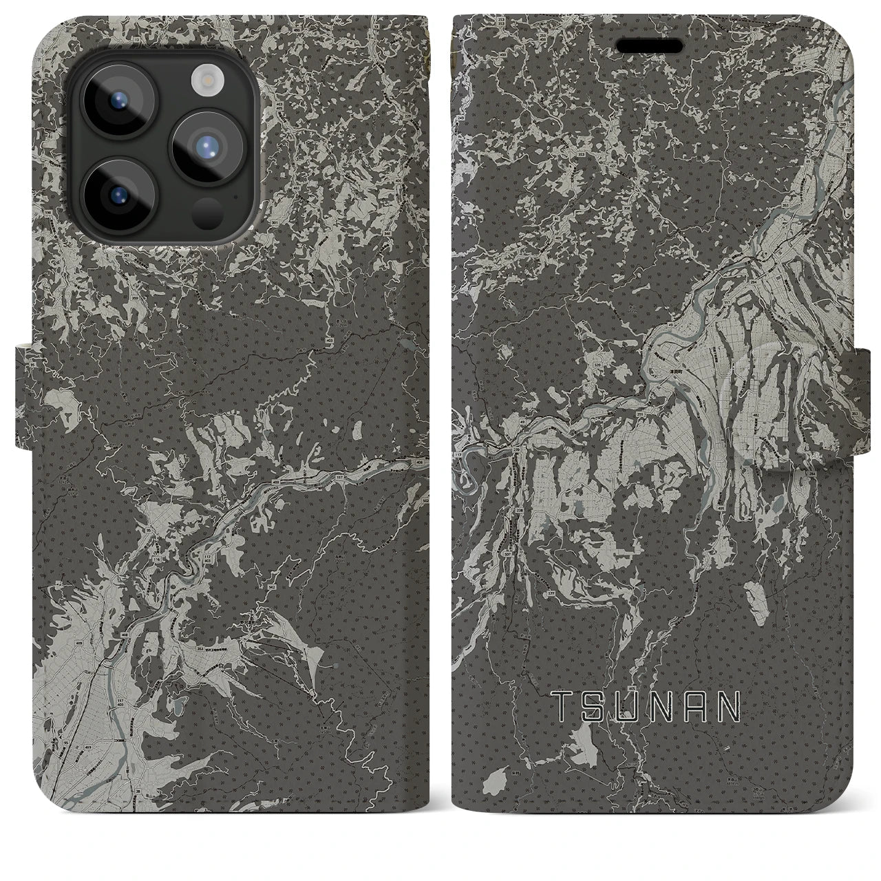 【津南(新潟県)】地図柄iPhoneケース(手帳タイプ)モノトーン・iPhone 15 Pro Max 用