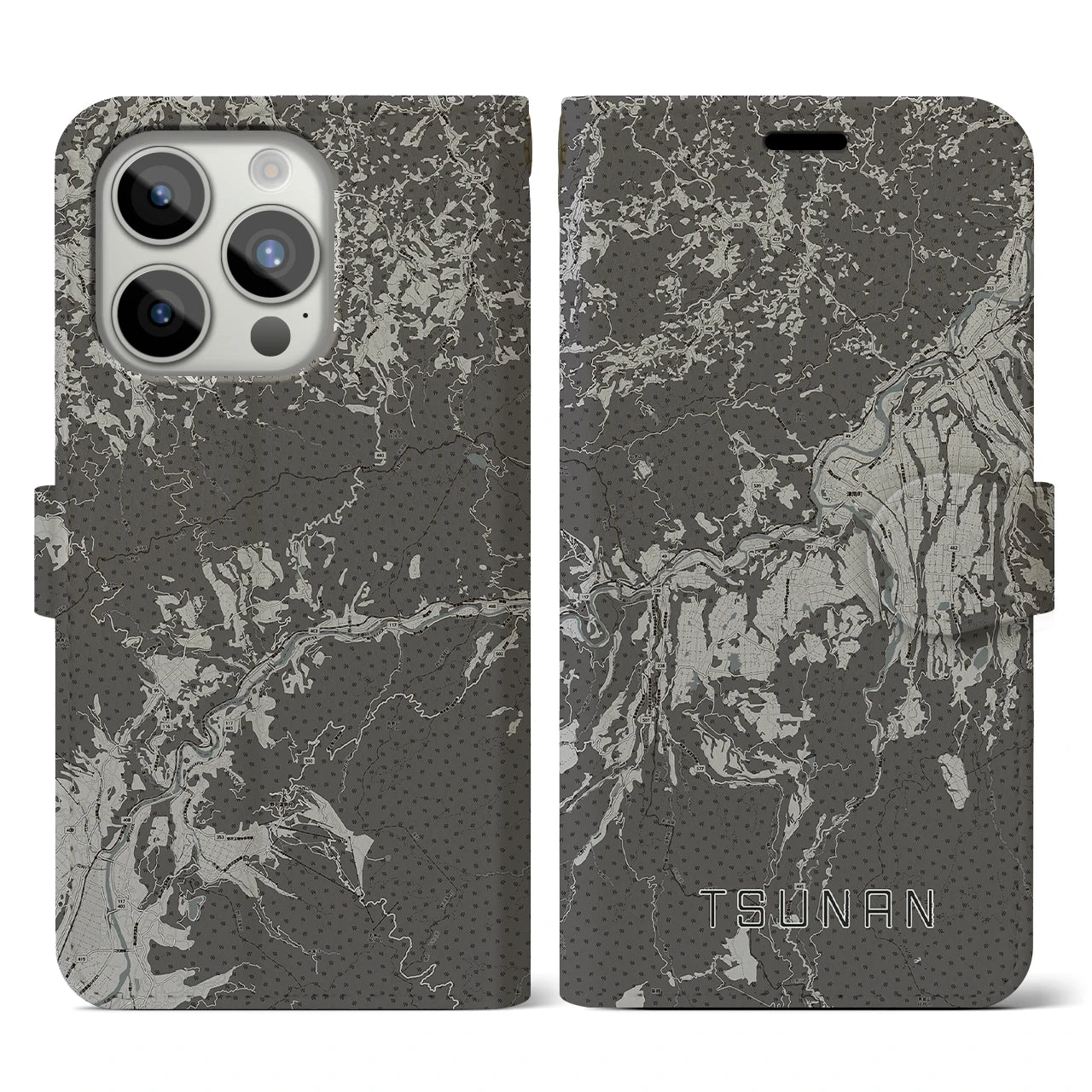 【津南(新潟県)】地図柄iPhoneケース(手帳タイプ)モノトーン・iPhone 15 Pro 用