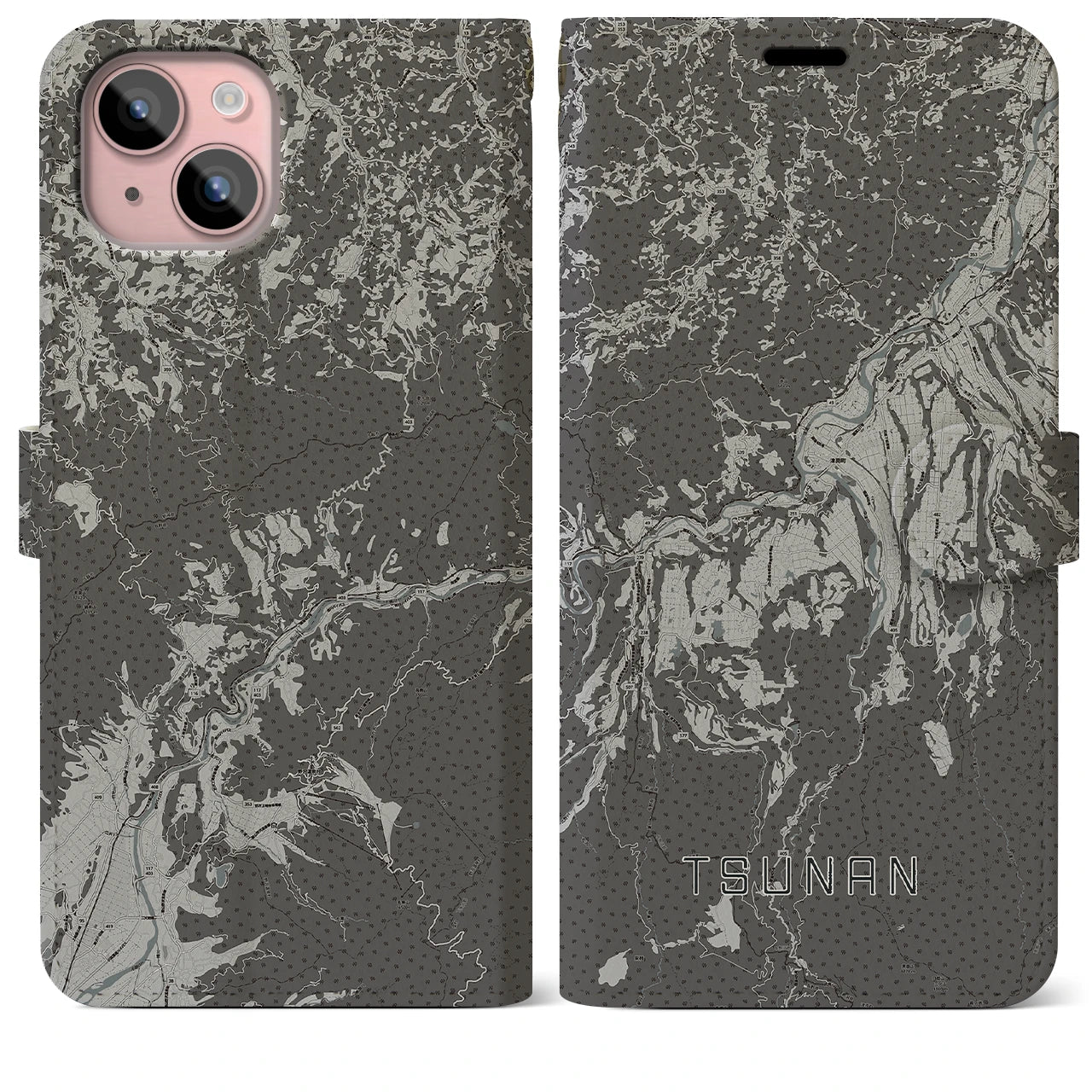 【津南(新潟県)】地図柄iPhoneケース(手帳タイプ)モノトーン・iPhone 15 Plus 用