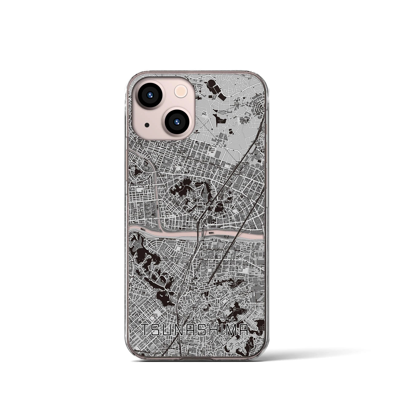 【綱島(神奈川県)】地図柄iPhoneケース(クリアタイプ)モノトーン・iPhone 13 mini 用