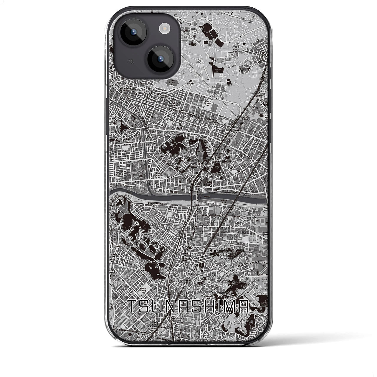【綱島(神奈川県)】地図柄iPhoneケース(クリアタイプ)モノトーン・iPhone 14 Plus 用