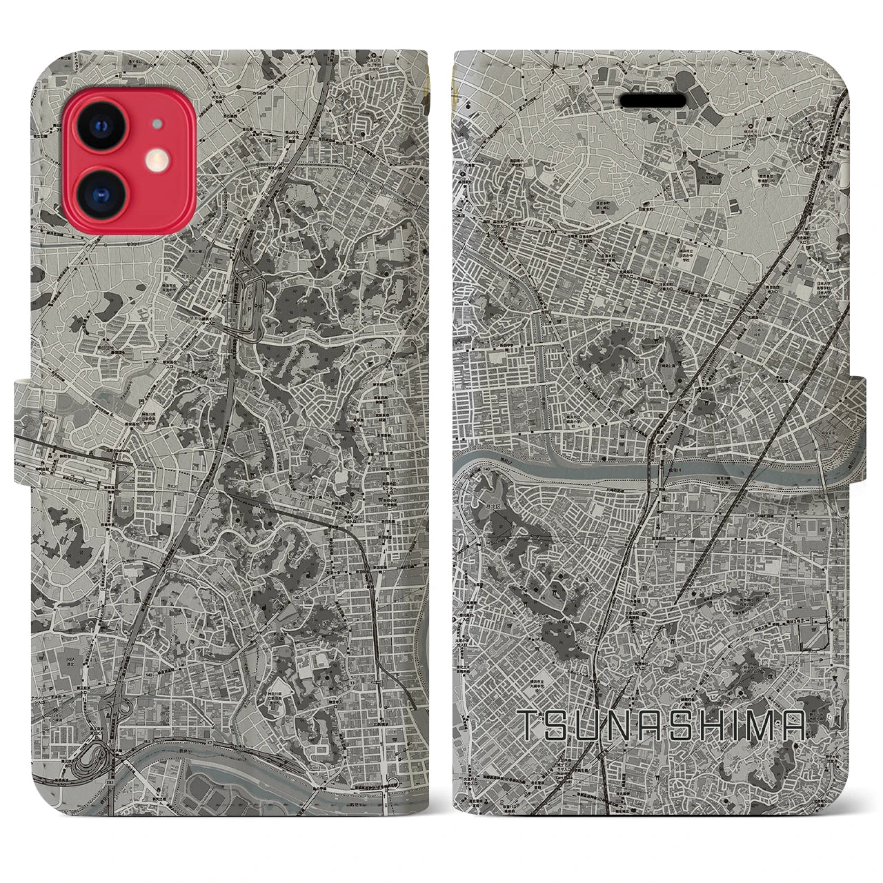 【綱島(神奈川県)】地図柄iPhoneケース(手帳タイプ)モノトーン・iPhone 11 用