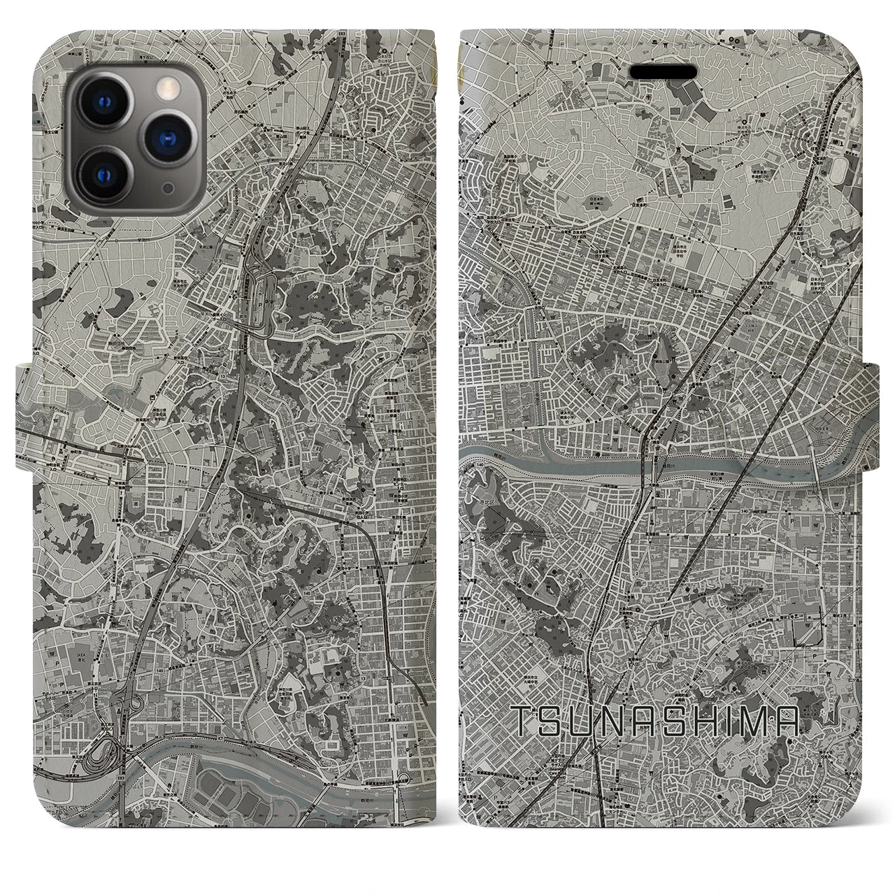 【綱島(神奈川県)】地図柄iPhoneケース(手帳タイプ)モノトーン・iPhone 11 Pro Max 用
