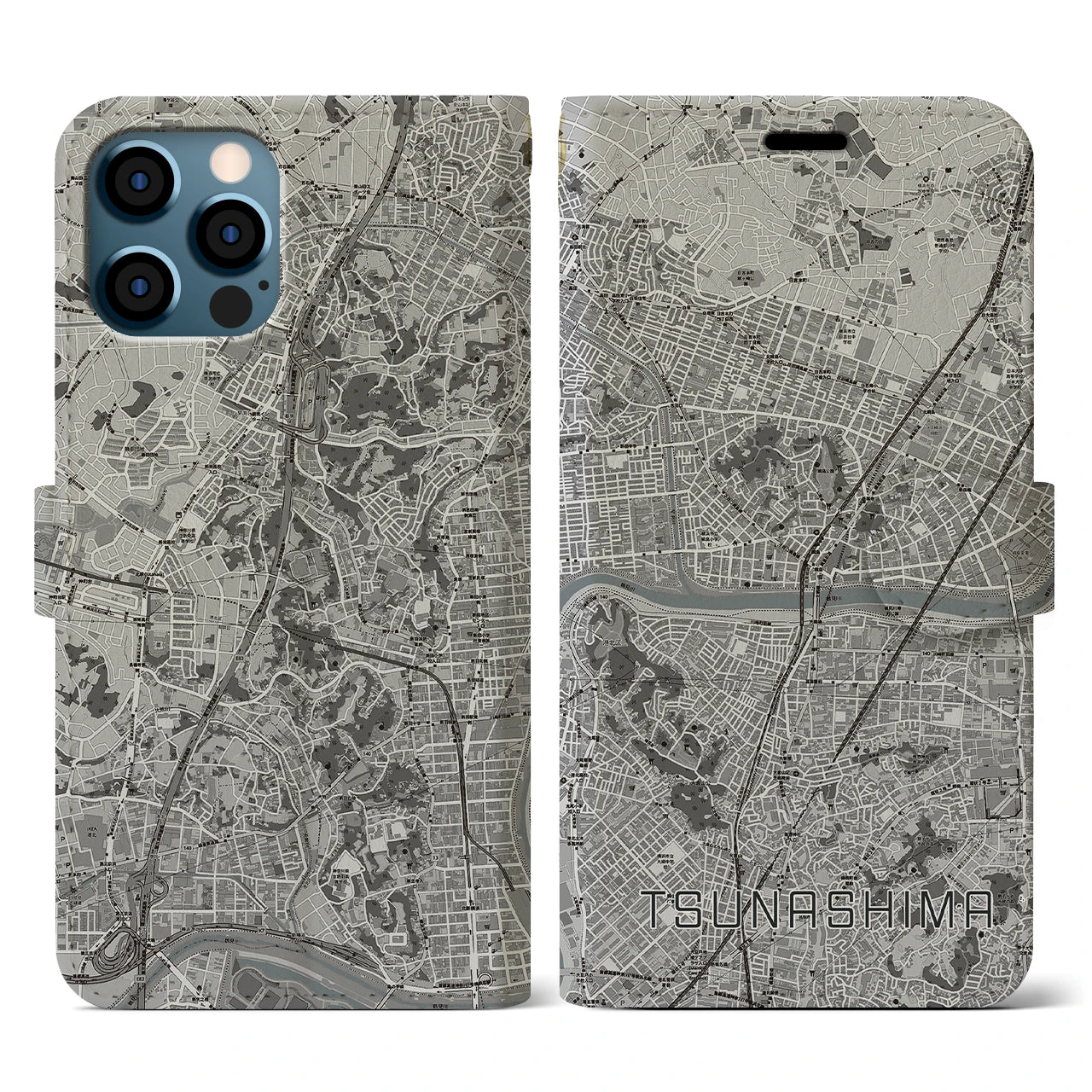 【綱島(神奈川県)】地図柄iPhoneケース(手帳タイプ)モノトーン・iPhone 12 / 12 Pro 用