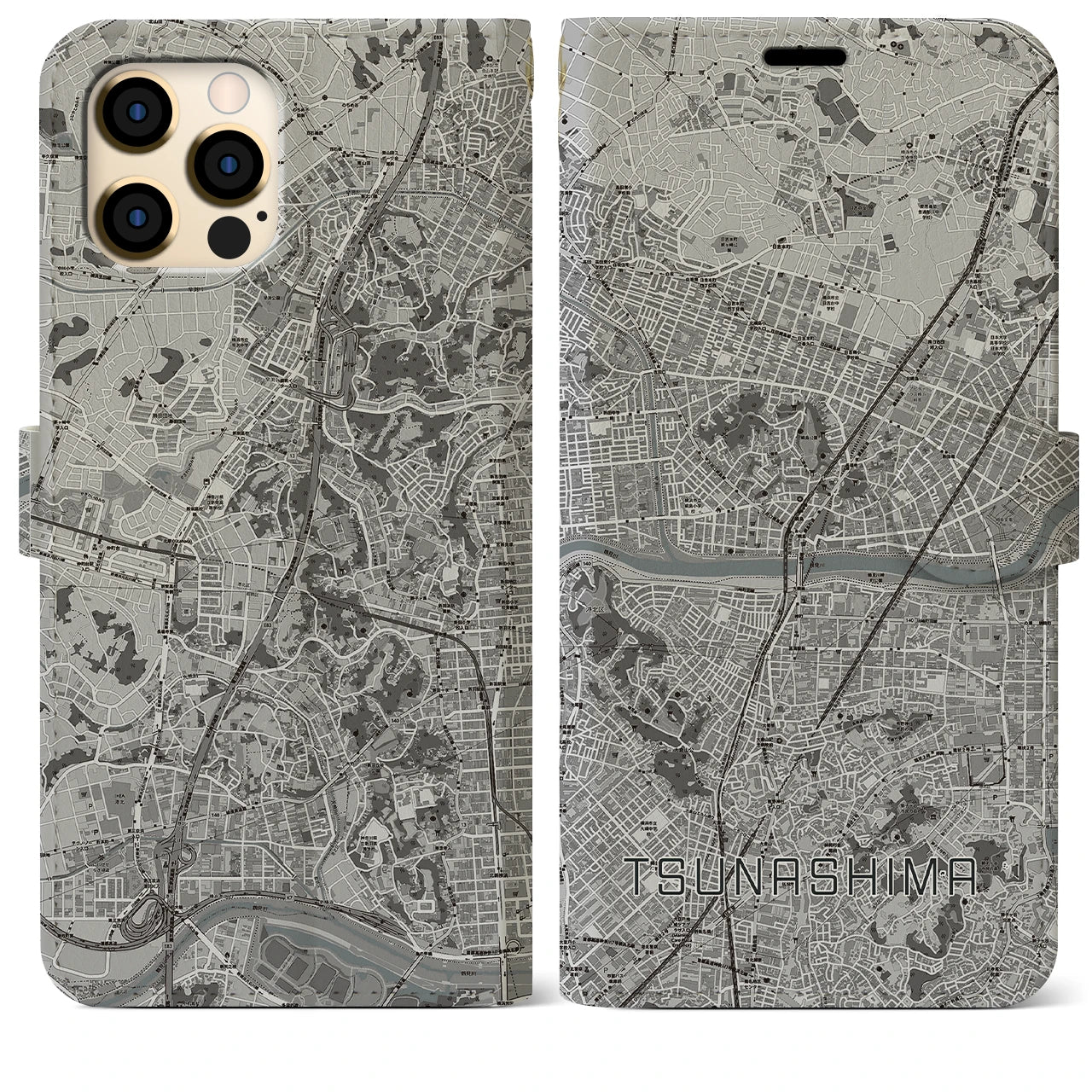 【綱島(神奈川県)】地図柄iPhoneケース(手帳タイプ)モノトーン・iPhone 12 Pro Max 用