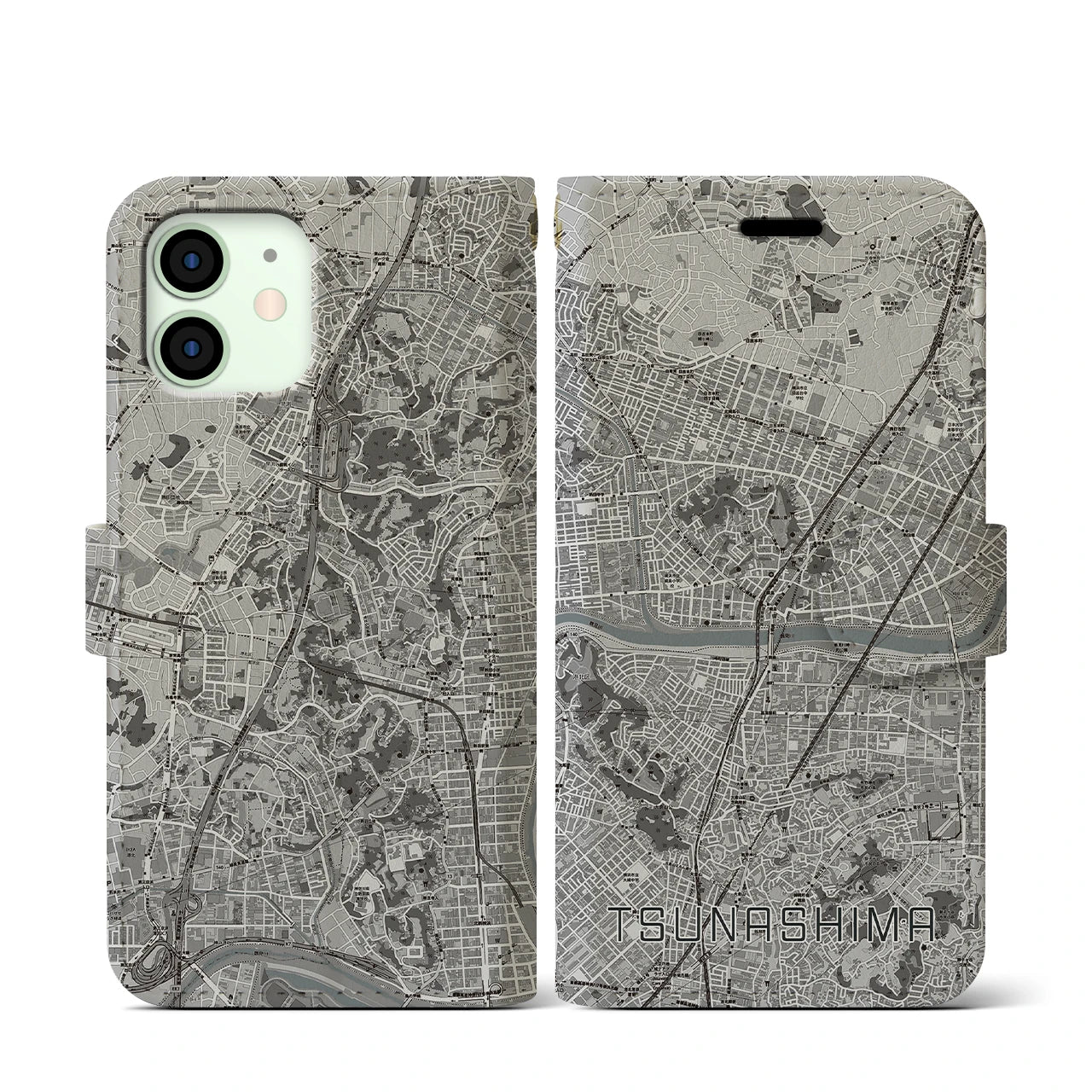 【綱島(神奈川県)】地図柄iPhoneケース(手帳タイプ)モノトーン・iPhone 12 mini 用