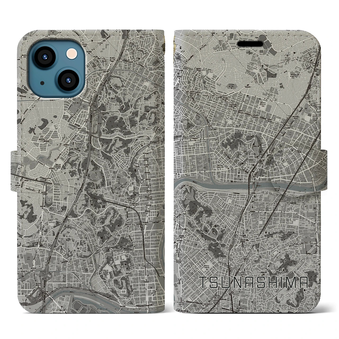 【綱島(神奈川県)】地図柄iPhoneケース(手帳タイプ)モノトーン・iPhone 13 用