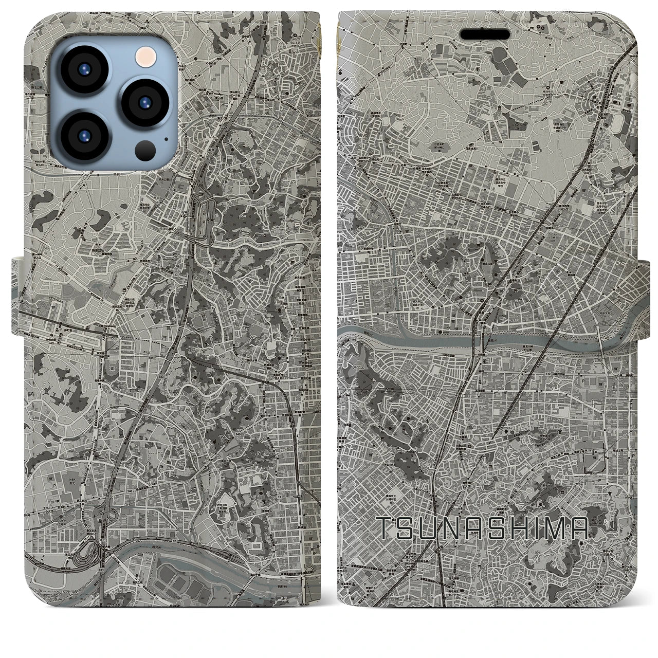 【綱島(神奈川県)】地図柄iPhoneケース(手帳タイプ)モノトーン・iPhone 13 Pro Max 用