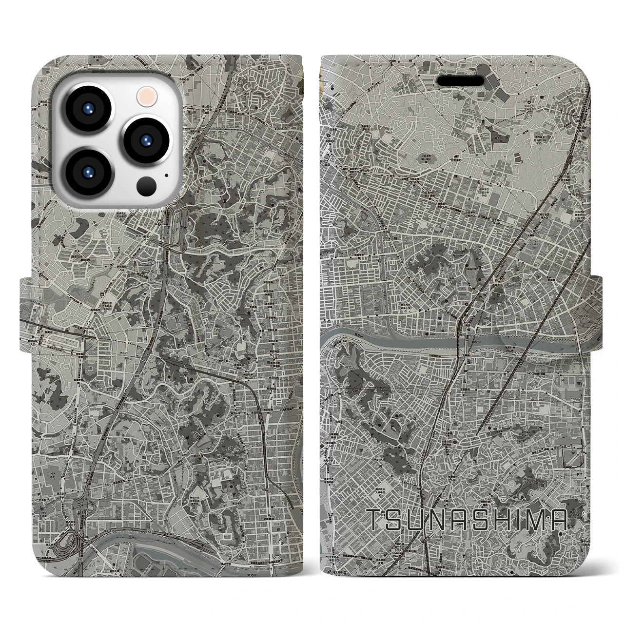 【綱島(神奈川県)】地図柄iPhoneケース(手帳タイプ)モノトーン・iPhone 13 Pro 用