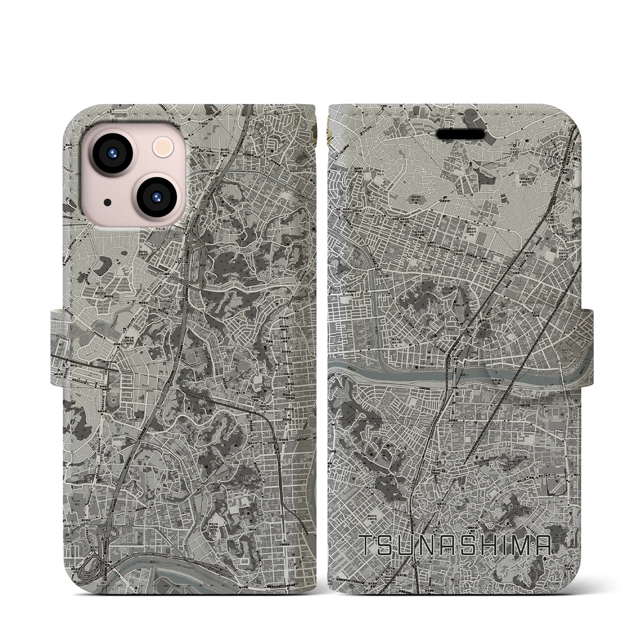 【綱島(神奈川県)】地図柄iPhoneケース(手帳タイプ)モノトーン・iPhone 13 mini 用