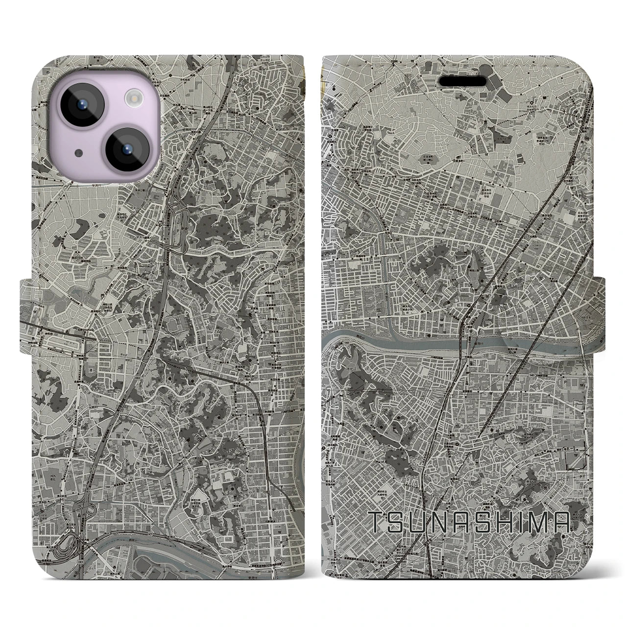【綱島(神奈川県)】地図柄iPhoneケース(手帳タイプ)モノトーン・iPhone 14 用