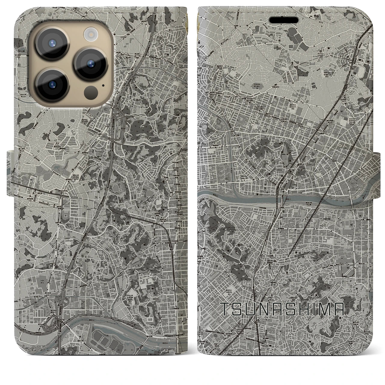 【綱島(神奈川県)】地図柄iPhoneケース(手帳タイプ)モノトーン・iPhone 14 Pro Max 用