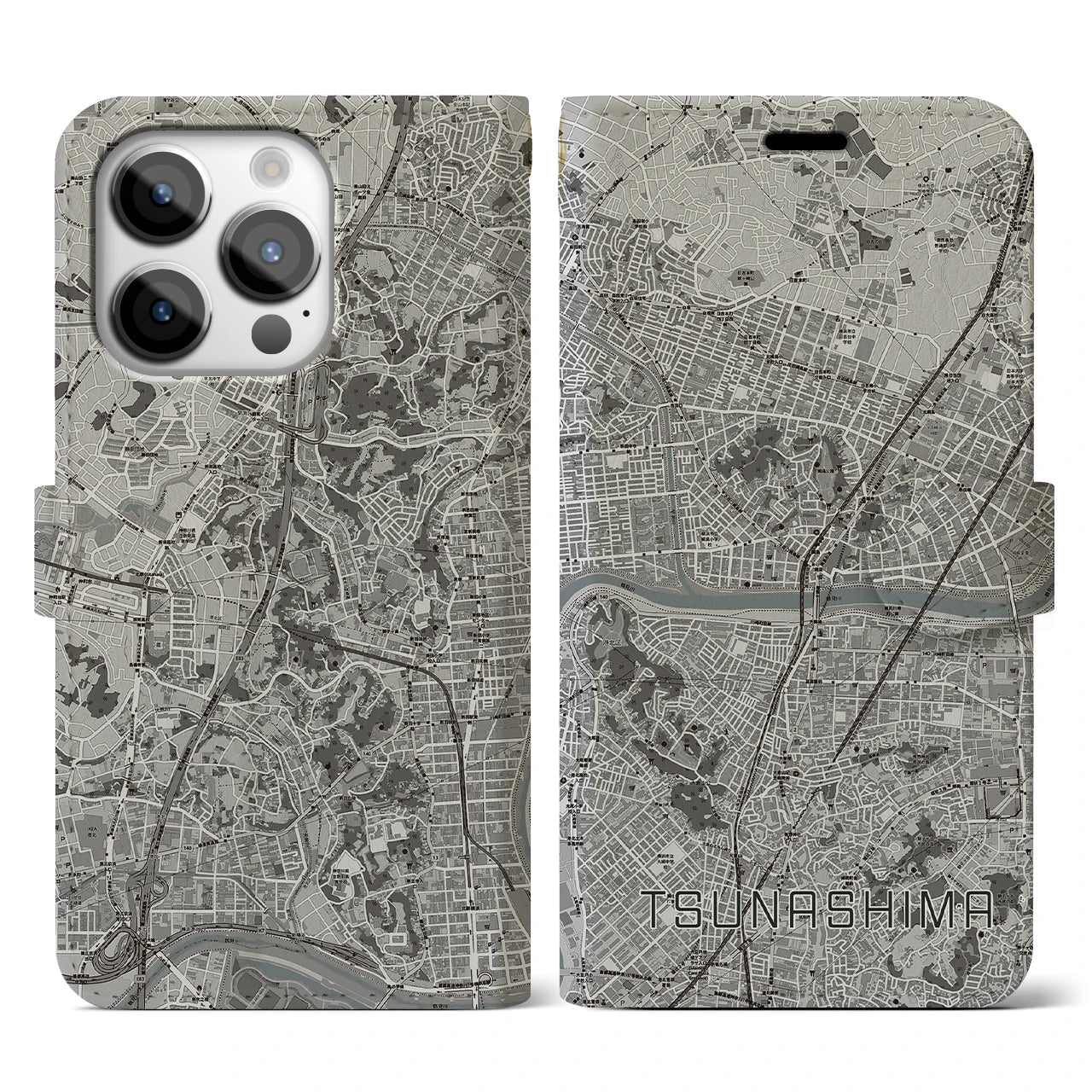 【綱島(神奈川県)】地図柄iPhoneケース(手帳タイプ)モノトーン・iPhone 14 Pro 用