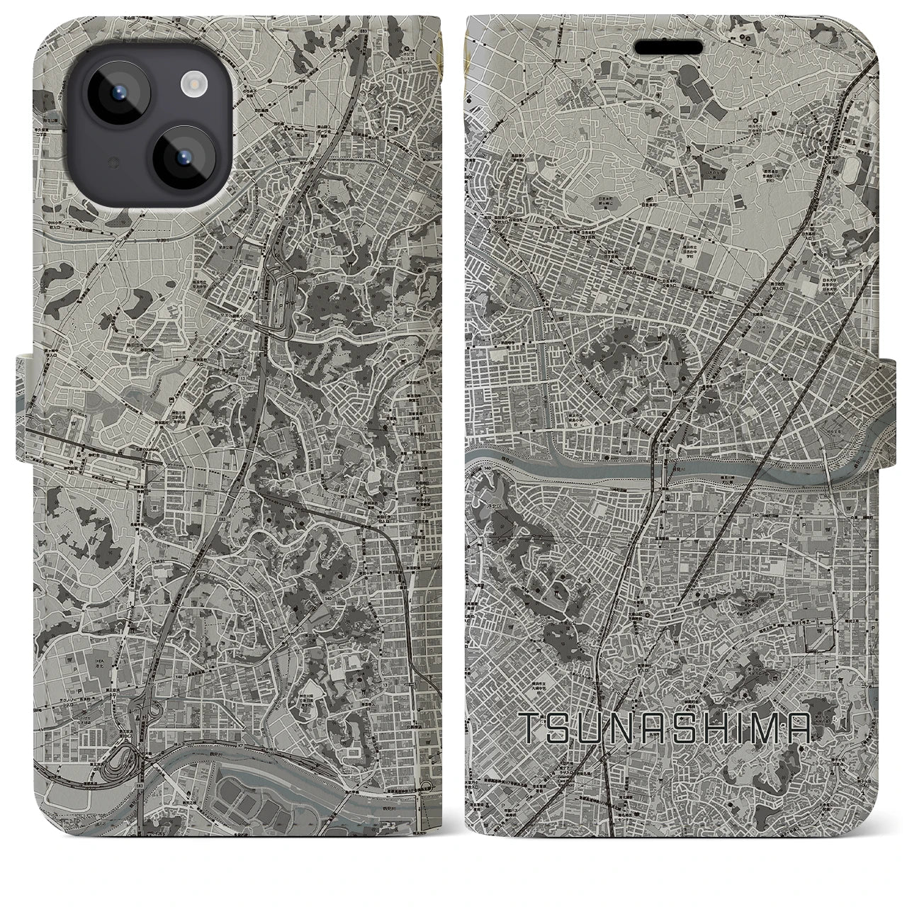 【綱島(神奈川県)】地図柄iPhoneケース(手帳タイプ)モノトーン・iPhone 14 Plus 用