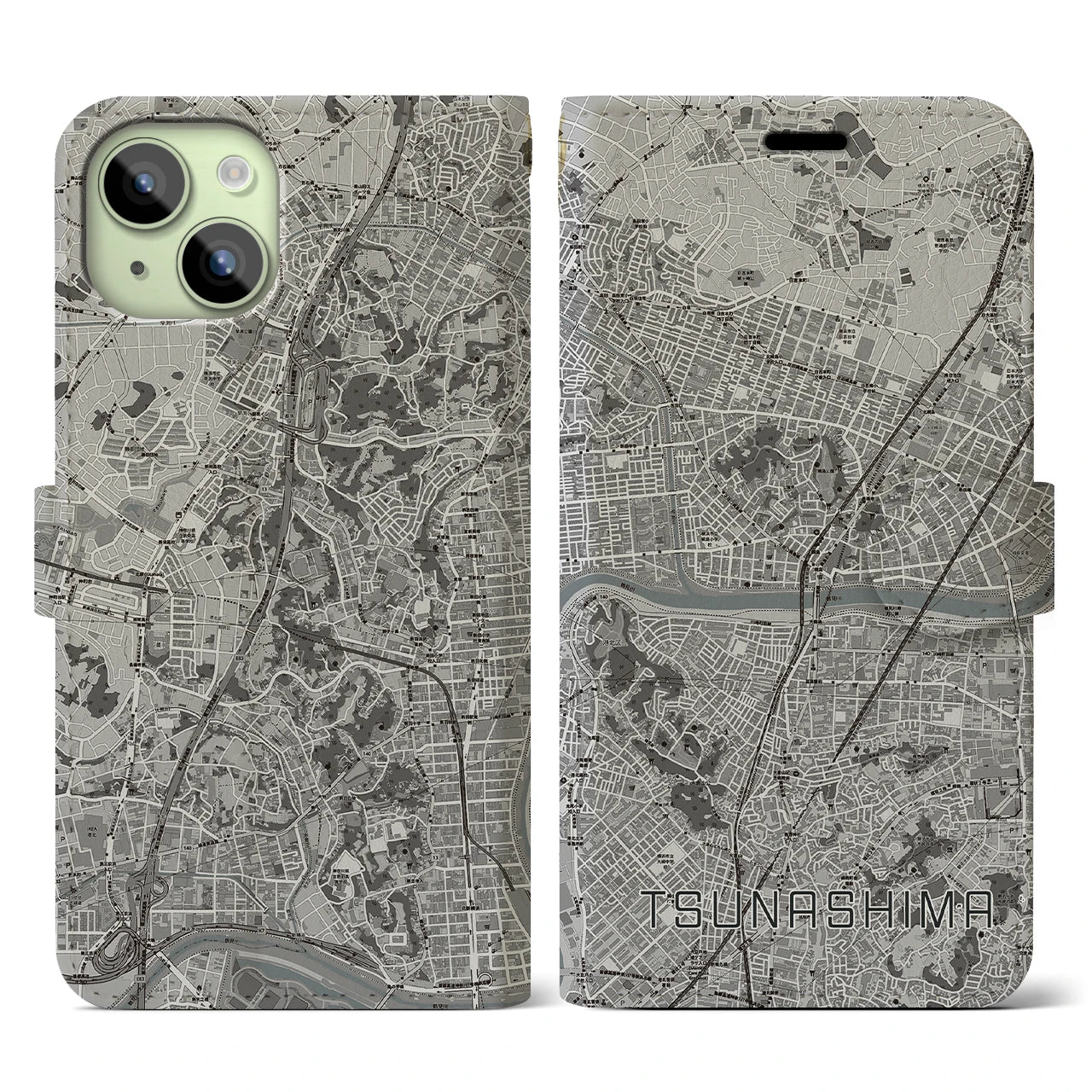 【綱島(神奈川県)】地図柄iPhoneケース(手帳タイプ)モノトーン・iPhone 15 用