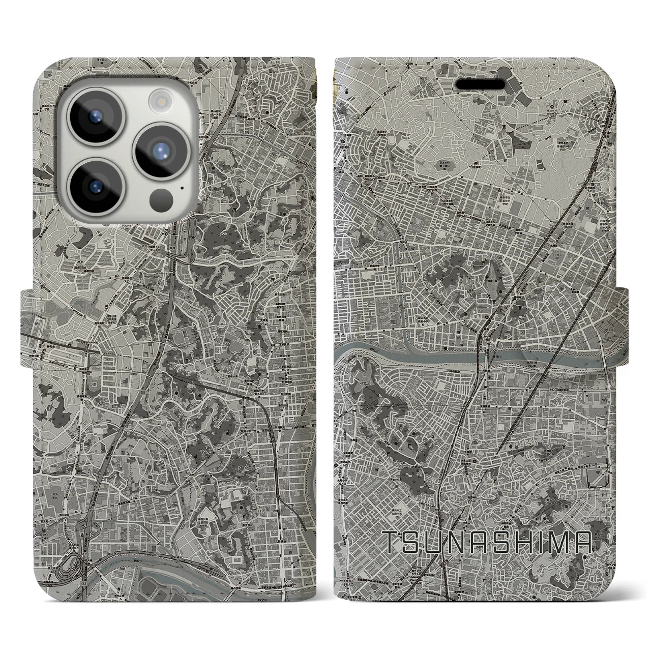 【綱島(神奈川県)】地図柄iPhoneケース(手帳タイプ)モノトーン・iPhone 15 Pro 用