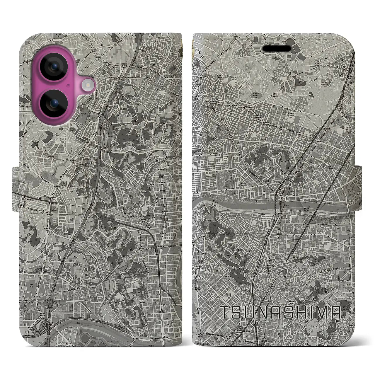 【綱島(神奈川県)】地図柄iPhoneケース(手帳タイプ)モノトーン・iPhone 16 Pro 用