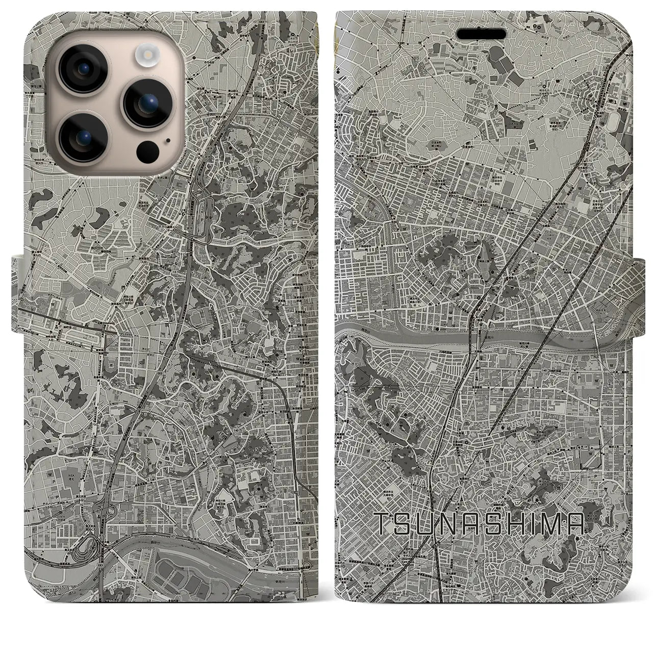【綱島(神奈川県)】地図柄iPhoneケース(手帳タイプ)モノトーン・iPhone 16 Plus 用