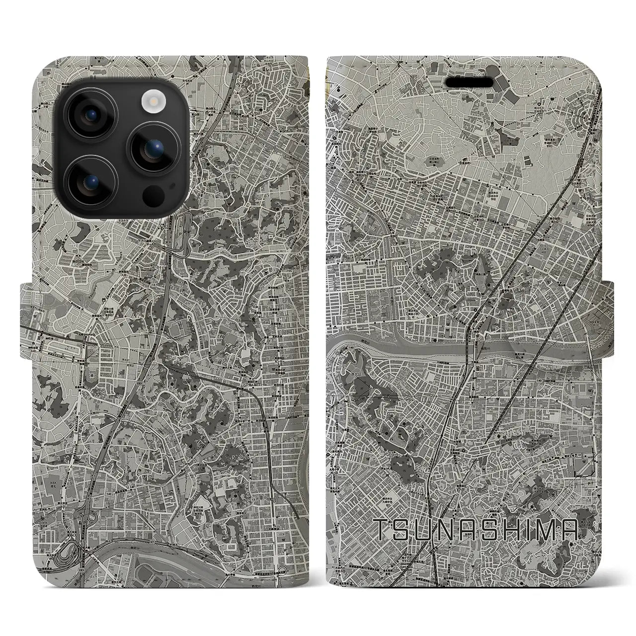 【綱島(神奈川県)】地図柄iPhoneケース(手帳タイプ)モノトーン・iPhone 16 用
