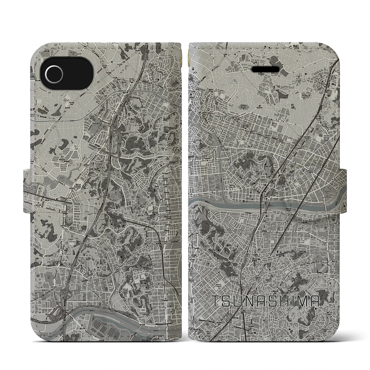 【綱島(神奈川県)】地図柄iPhoneケース(手帳タイプ)モノトーン・iPhone SE(第3 / 第2世代) / 8 / 7 / 6s / 6 用