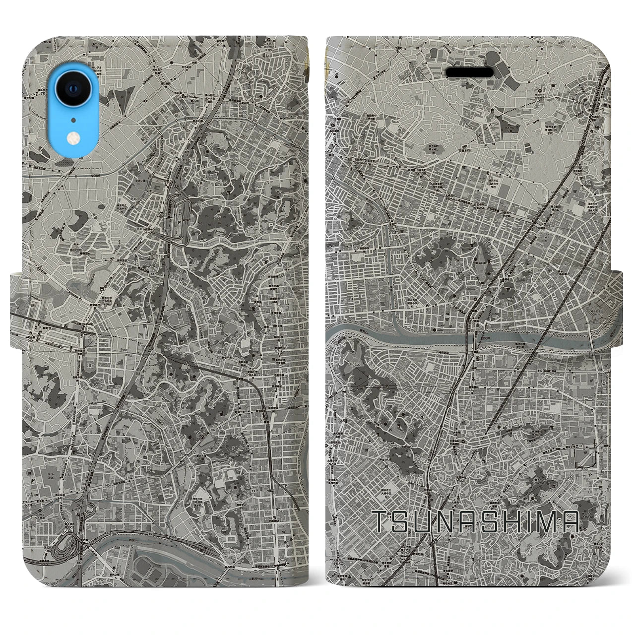 【綱島(神奈川県)】地図柄iPhoneケース(手帳タイプ)モノトーン・iPhone XR 用