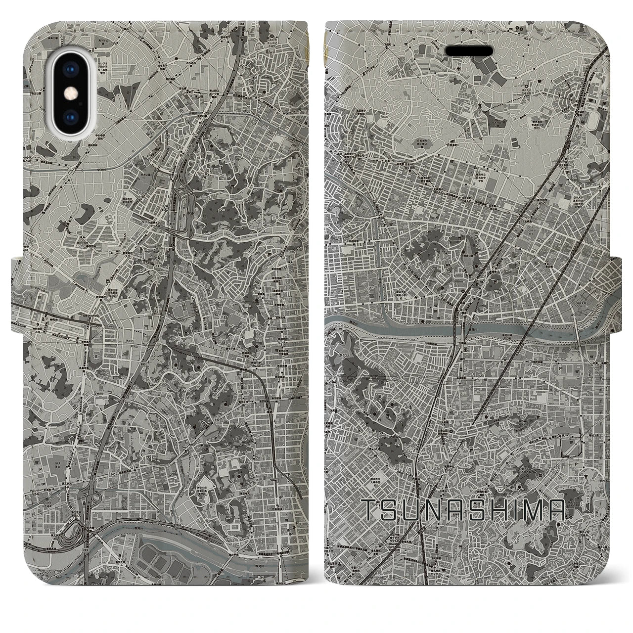 【綱島(神奈川県)】地図柄iPhoneケース(手帳タイプ)モノトーン・iPhone XS Max 用