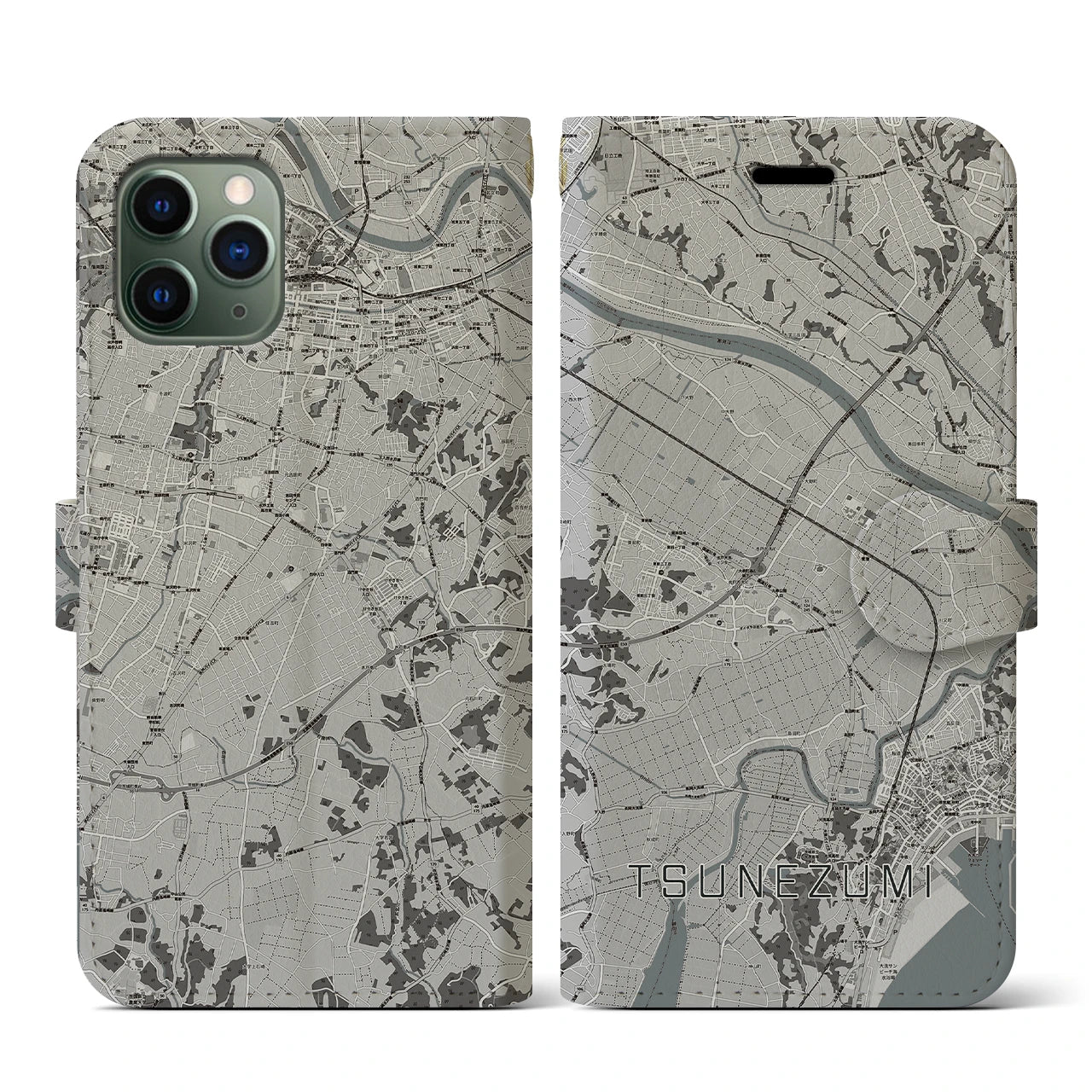 【常澄(茨城県)】地図柄iPhoneケース(手帳タイプ)モノトーン・iPhone 11 Pro 用