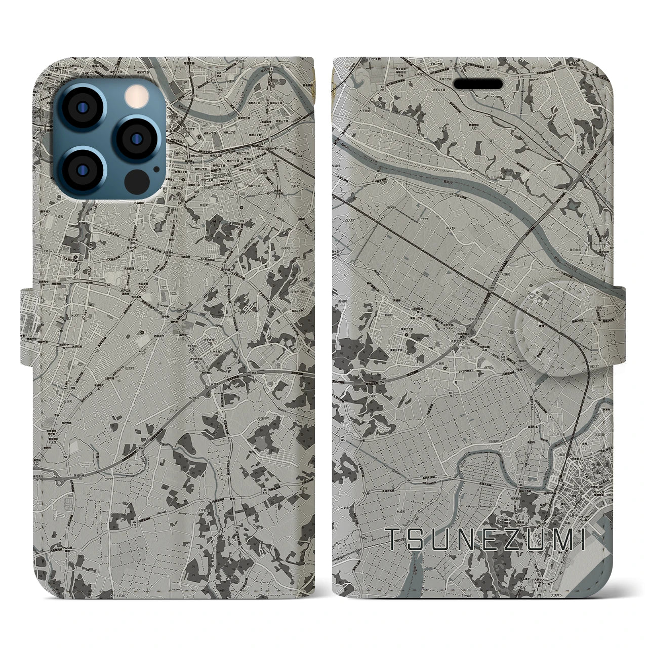 【常澄(茨城県)】地図柄iPhoneケース(手帳タイプ)モノトーン・iPhone 12 / 12 Pro 用