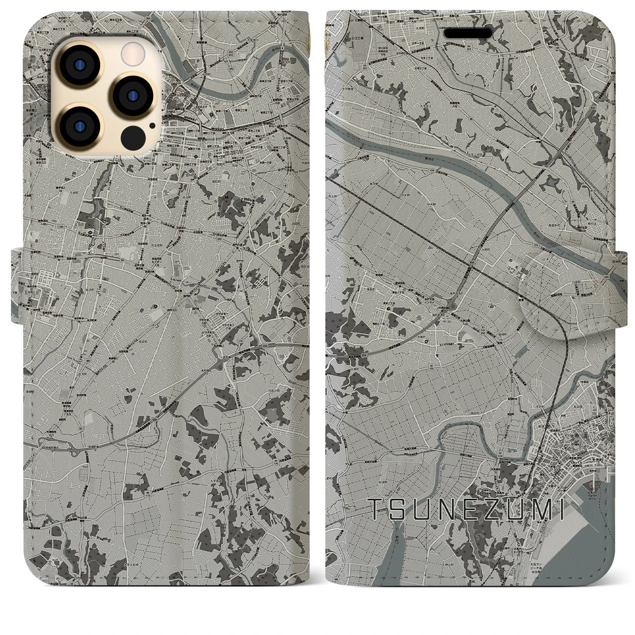 【常澄(茨城県)】地図柄iPhoneケース(手帳タイプ)モノトーン・iPhone 12 Pro Max 用