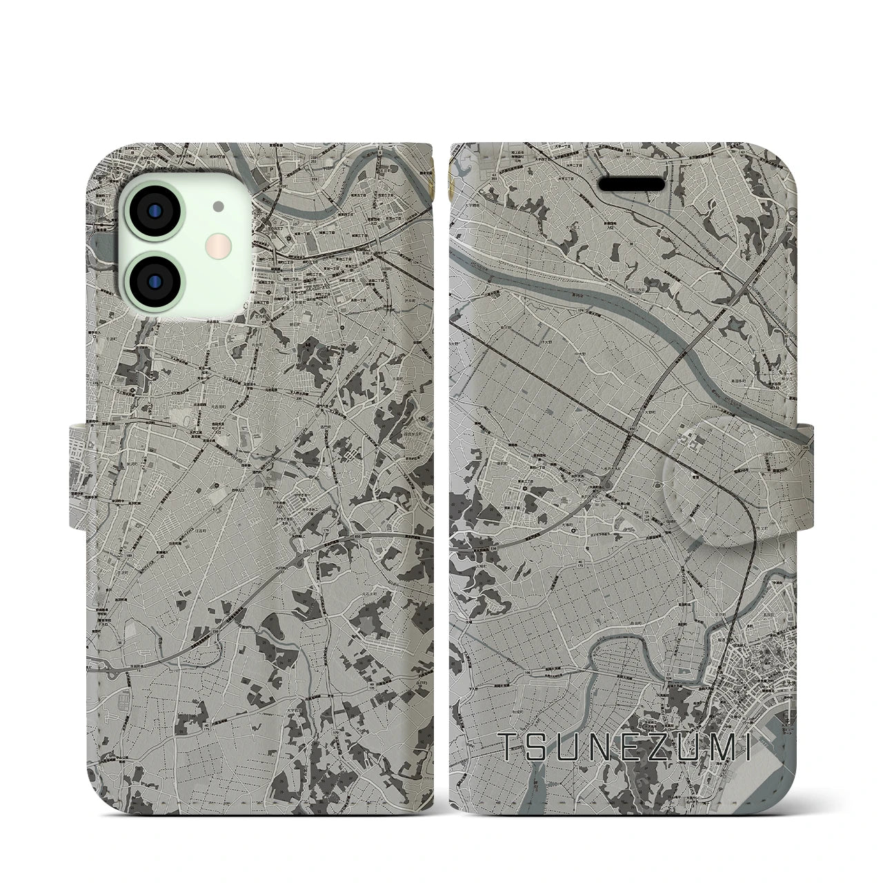 【常澄(茨城県)】地図柄iPhoneケース(手帳タイプ)モノトーン・iPhone 12 mini 用